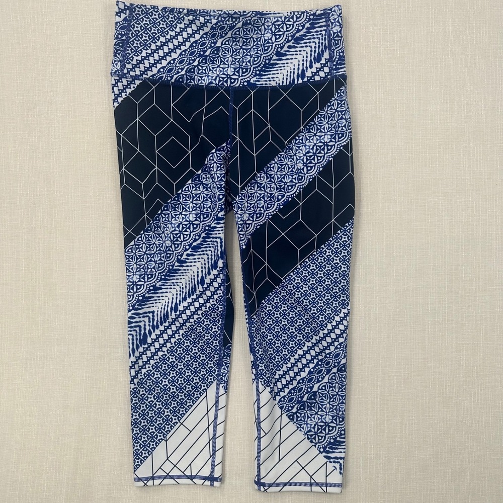 Athleta Blue Geometric Batik Mixed Print Crop Leggings Women's Size Small